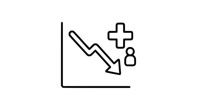Medical Chart and Declining Patient Statistics Line Icon with Downward Arrow and Cross Symbol for Healthcare Crisis or Disease Reduction Designs