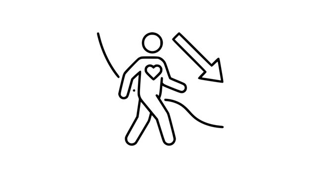 Human Health Decline and Life Expectancy Decrease Line Icon with Heart Symbol and Downward Arrow for Medical Informatics and Healthcare Analytics Designs