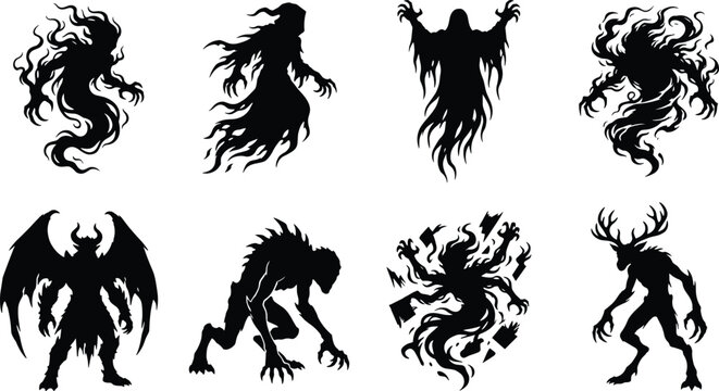 Spooky Halloween ghost vector icons set featuring wraiths winged demon werewolf wendigo and mythical creature silhouettes