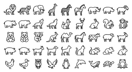 Obraz premium Wild Animals and Zoo Wildlife Line Icon Set with Lion, Elephant, Giraffe, Panda, Bear, Birds, Marine Life, and Nature Fauna Symbols for Education Web Designs
