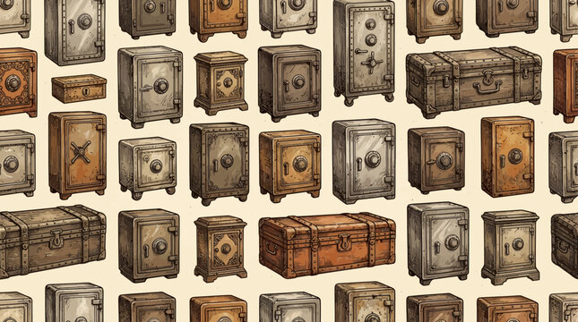 Vintage hand-drawn seamless pattern featuring various plain retro metal safes and antique deposit boxes. Detailed ink line art illustrations of heavy iron safes, dial combination locks, sturdy hinges,