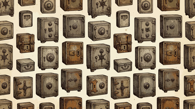 Vintage hand-drawn seamless pattern featuring various plain retro metal safes and antique deposit boxes. Detailed ink line art illustrations of heavy iron safes, dial combination locks, sturdy hinges,