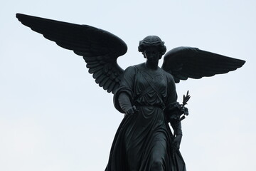 Fototapeta premium Low angle view of a dark bronze winged angel statue