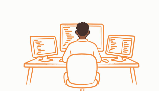 Software developer working at desk with three monitors illustration
