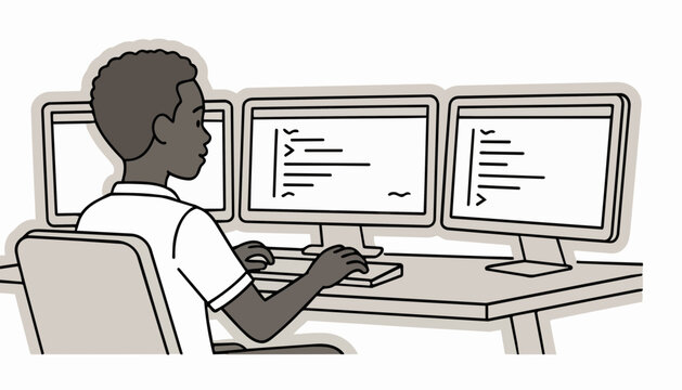 Software Developer Working with Triple Monitor Setup