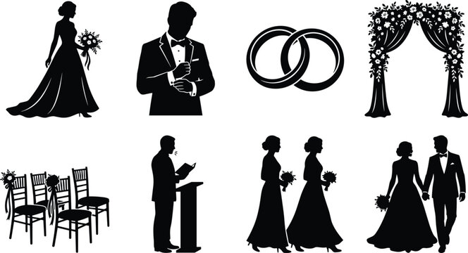 Wedding silhouette vector set with bride, groom, wedding rings, floral arch, officiant, bridesmaids, and ceremony chairs.