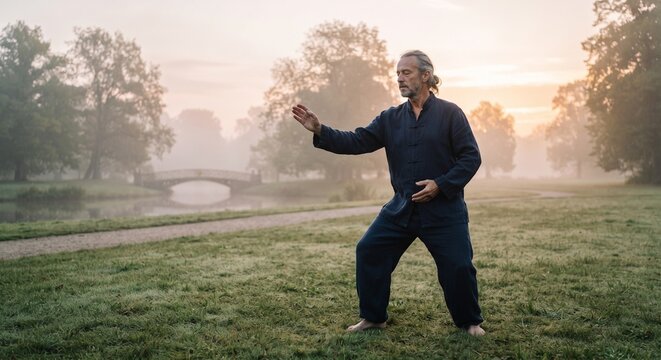 Mature man practicing Tai Chi exercises outdoors in a park during early morning mist.