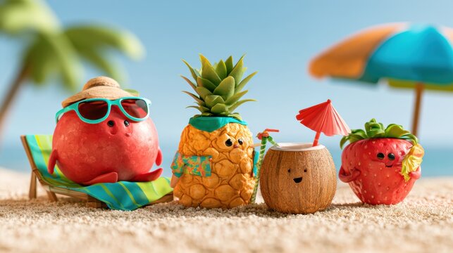 Watermelon wears sunglasses and relaxes, while pineapple in a Hawaiian shirt enjoys a drink. Coconut and strawberry join in on a sunny beach scene.