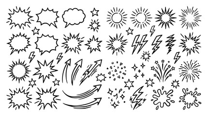 Comic Book Speech Bubble and Pop Art Expression Line Icon Set with Explosion Rays, Lightning Bolts, Arrows, and Sparkle Star Splash Symbols © Halima