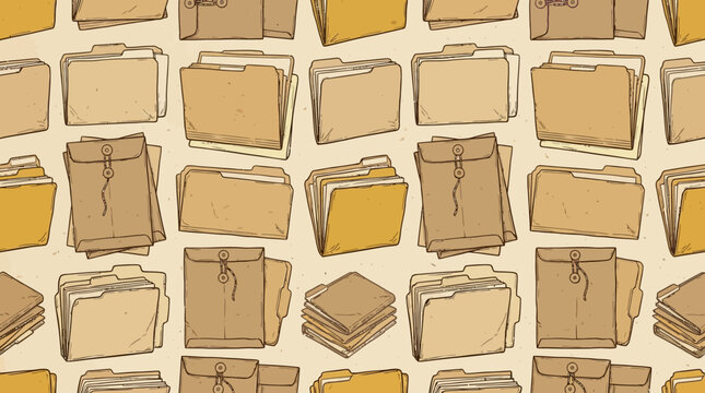 Vintage hand-drawn seamless pattern featuring various plain stacks of file folders and Manila document envelopes. Detailed ink line art illustrations of tabbed folders, string-tied document envelopes,