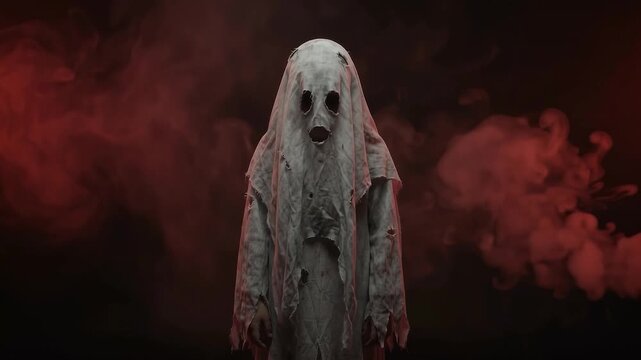 Spooky ghost figure standing in thick red smoke for Halloween