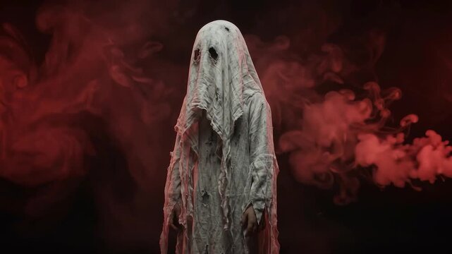 White ghost costume standing in red smoke for Halloween