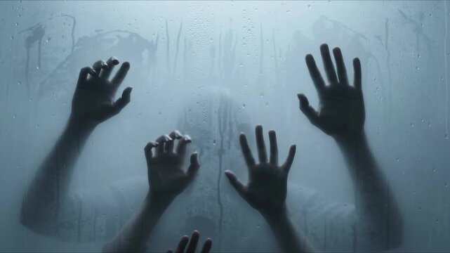 Human hands pressing against wet frosted glass in cold lighting