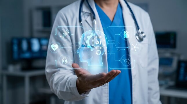 Doctor holding digital ai brain interface in modern medical clinic