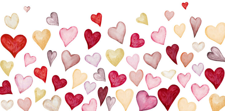 Border with watercolor pastel hearts. Romantic isolated illustration for Valentines Day cards