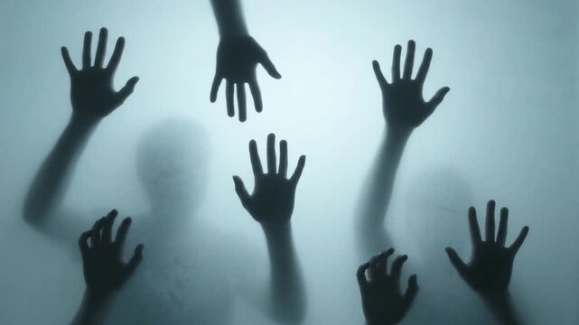 Dark hand silhouettes reaching through translucent glass in cold lighting