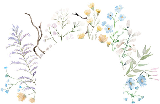 Watercolor floral wreath with pastel wildflowers, isolated floral illustration for wedding stationery