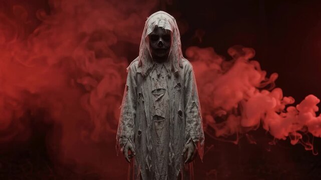 Terrifying tattered ghost figure surrounded by red smoke for horror