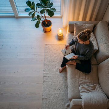 High angle view of a young woman reading a book on a comfortable sofa in a cozy modern living room with warm lighting