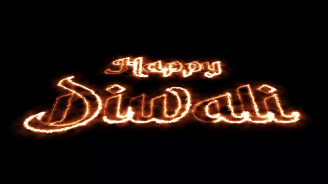 Happy Diwali Text Animated with fire line text on black background, Burning or lighting diya lamps in a circular motion for Diwali celebration, wishing and celebrating happy diwali, 4k