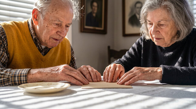 Elderly senior couple sitting together at home table carefully examining a letter envelope with focused expressions