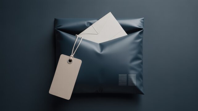 A dark blue courier bubble mailer envelope featuring a blank price tag and document. Ideal for secure shipping and.