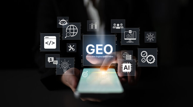 Digital marketing concept featuring GEO strategy, optimizing content for AI search engines and large language models. Evolution of SEO, brand authority, and AI citation visibility. Corpus