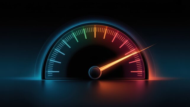 A glowing futuristic digital speedometer gauge with high speed indicator. Technology performance and speed concept.