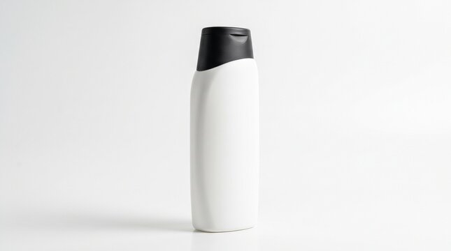 White cosmetic bottle with black flip top cap for shampoo or lotion on white background