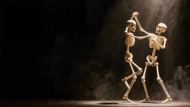 Two Skeletons Dancing Together in Smoky Spotlight on Dark Background