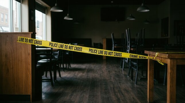 Empty Restaurant Interior Blocked by Police Crime Scene Tape