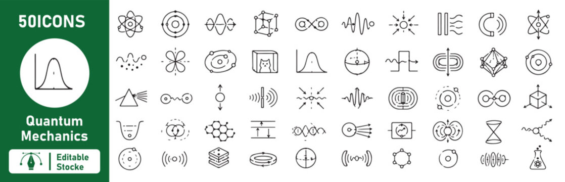 50 Quantum Mechanics Outline Icons Set &ndash; Quantum Physics, Particle, Wave, Atom, Energy and Scientific Research Line Symbols Collection