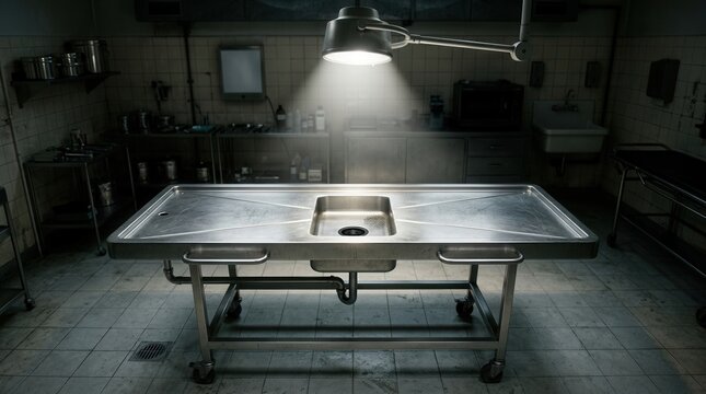 Eerie Autopsy Table in Dark Morgue with Dramatic Spotlight and Medical Equipment