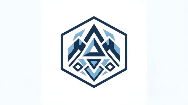 Geometric blue and gray mountain emblem inside a hexagonal shape representing adventure, nature, travel, and outdoor branding.