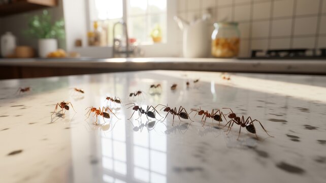 A line of ants marching across a white marble kitchen countertop. Pest control and household hygiene concept.