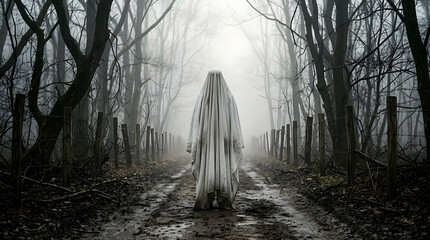 Obraz premium Ghost photo in foggy forest, spooky spectral figure standing on a muddy path between bare trees in a misty dark woods environment for Halloween themes