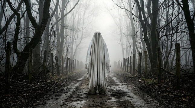 Ghost photo in foggy forest, spooky spectral figure standing on a muddy path between bare trees in a misty dark woods environment for Halloween themes
