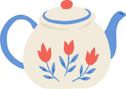 Cute hand drawn doodle illustration of ceramic teapot with red tulip floral pattern