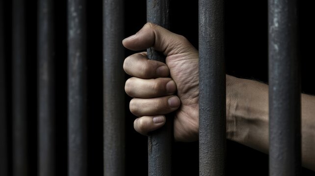 A prisoner holding prison bars tightly in a dark cell. Concept image representing crime, punishment, and incarceration.