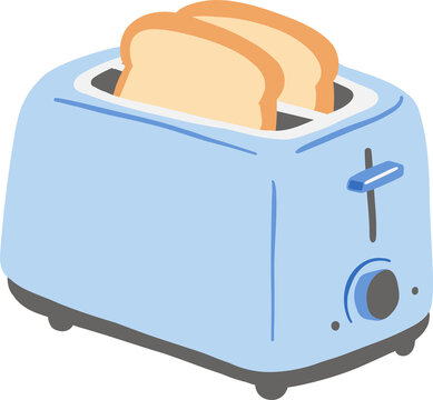 Cute hand drawn doodle illustration of blue vintage toaster with two slices of toasted bread