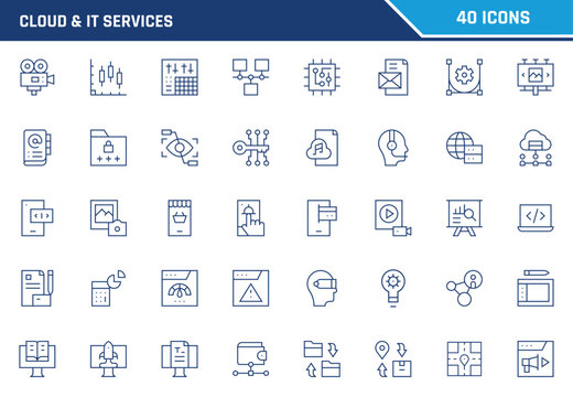 Comprehensive set of blue cloud and IT services vector outline icons featuring technology symbols