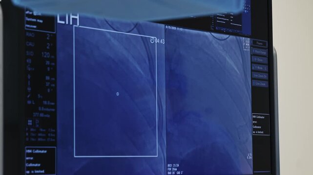 Coronary angiogram on X-ray monitor during cardiac catheterization in cath lab, fluoroscopy images of heart vessels with dose data on screen