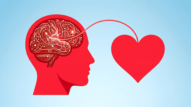 Illustration showing brain connected to heart with circuit design inside head