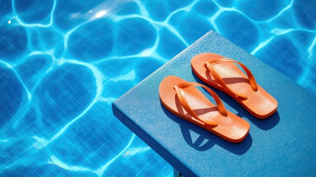 Bright orange flip flops resting on a blue diving board by a sparkling swimming pool in summer. Vacation concept for.