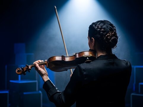 Female violinist performing with musical instrument under spotlight