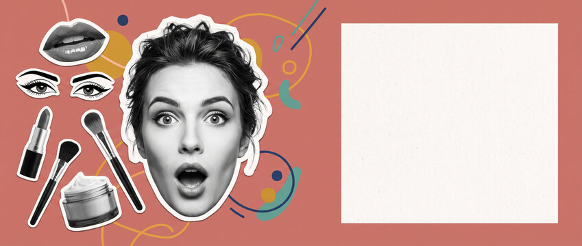 Pop art beauty collage banner with surprised young woman and various cosmetic products, including lipstick, brushes, face cream on colorful background for social media cover with copyspace for text