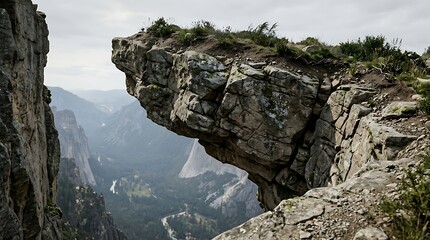 Obraz premium Dramatic cliff edge with a large rocky overhang and precipice overlooking a deep mountain valley and misty canyon below.