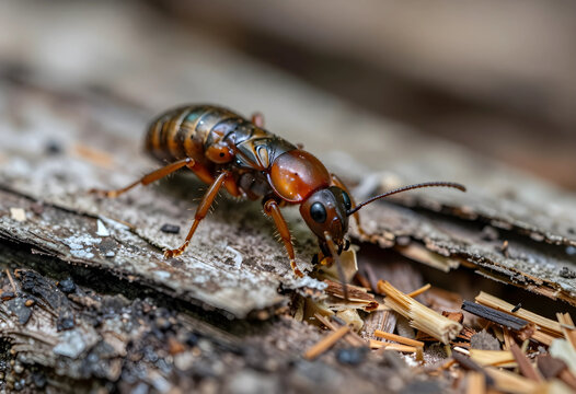 Entomology and biodiversity research, webspinner insect crawling on decaying wood bark in natural forest habitat for wildlife and environmental study