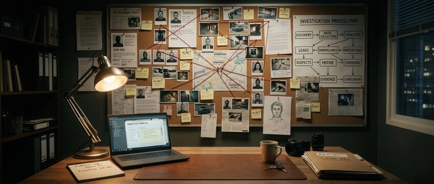 Detectives messy investigation board with photos notes and red string connecting clues desk with laptop and lamp crime scene analysis