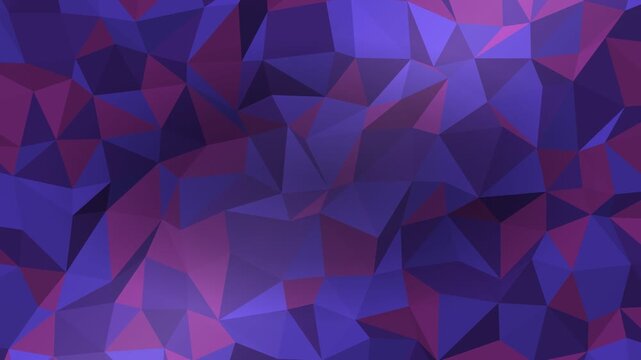 Low poly triangle mesh in royal purple, indigo and magenta gently undulating with a diagonal light sweep, abstract animated background, seamless loop 4K